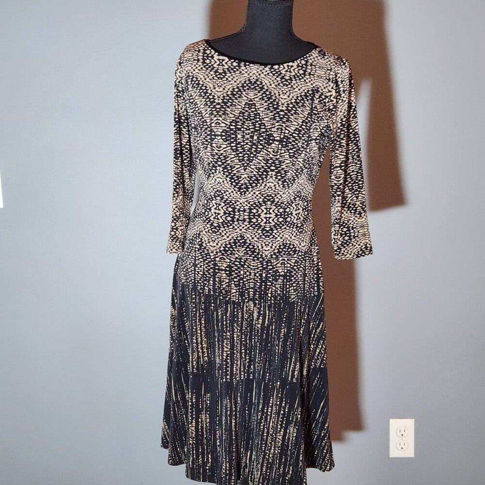Anne Klein Black/Tan Print Fit Flare Midi Dress 3/4 Sleeve